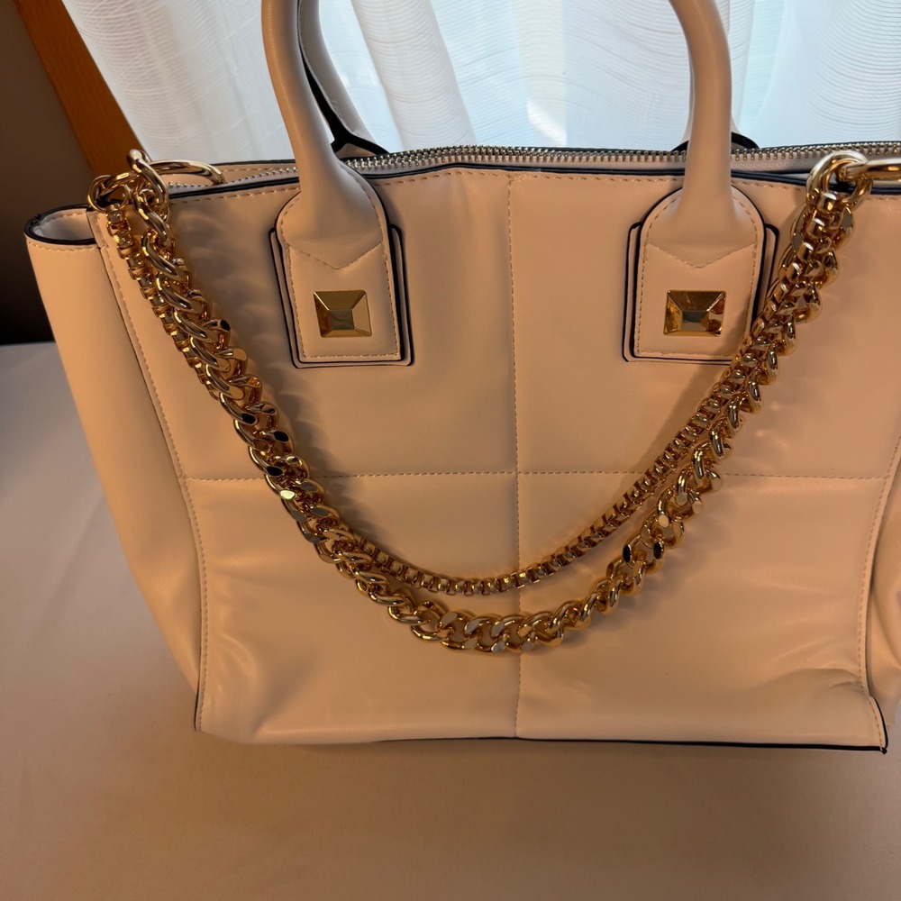 NEW Aldo White Quilted Satchel Handbag Gold Chain Studded Crossbody Bag Womens